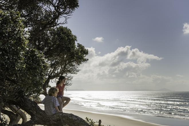 Two children sitting on a rock by a tree looking out over a beach and the ocean